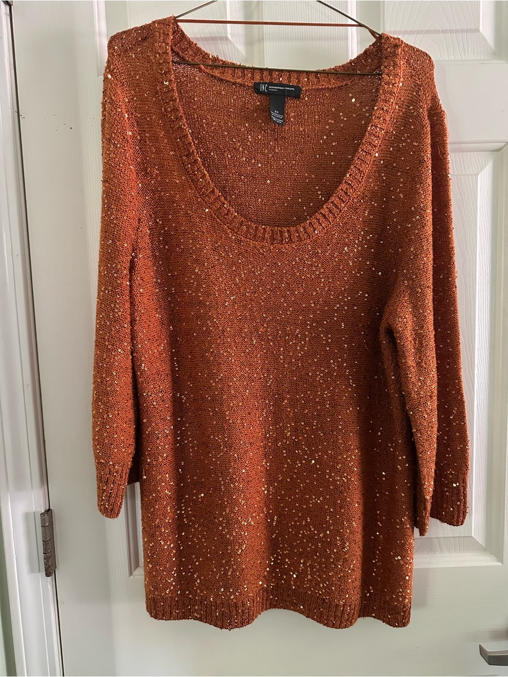 INC International Concepts Rust Scoop Neck Sequin Knit Sweater